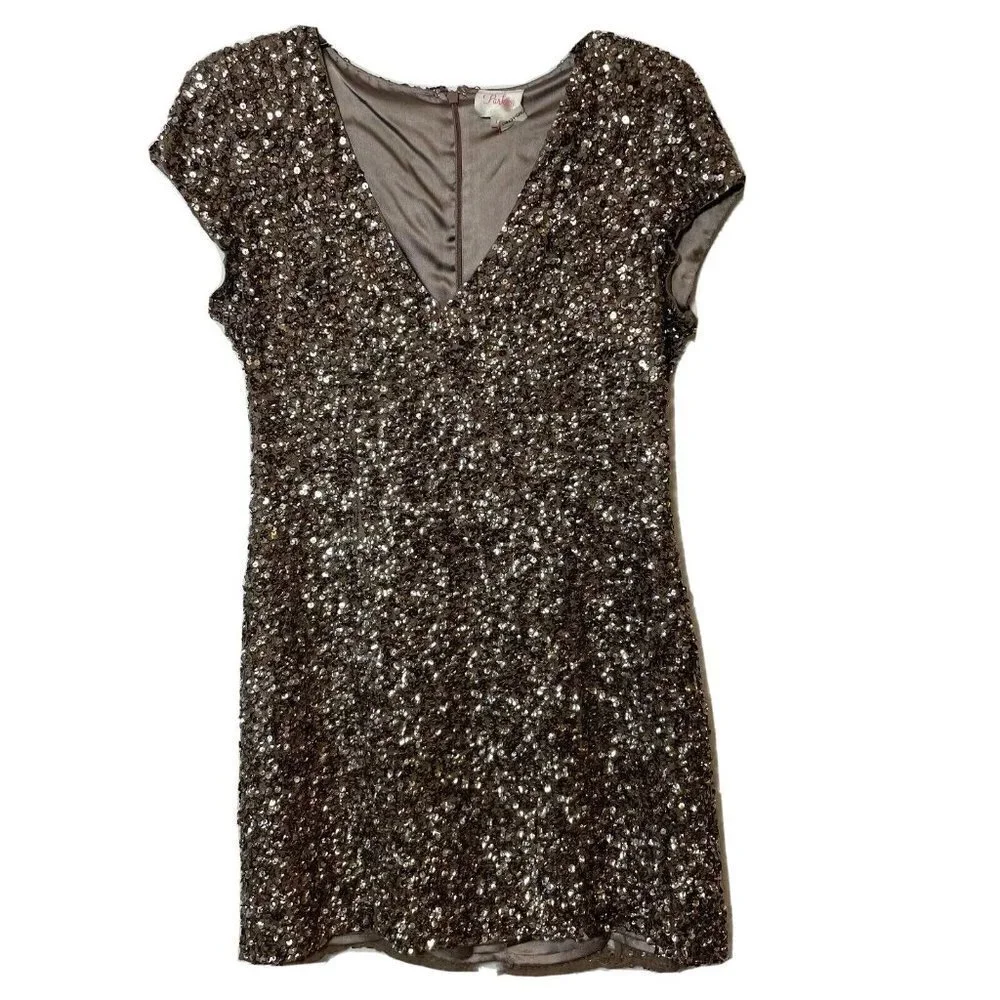 Parker All Over Sequins V-Neck‎ Silk Mini Dress Gold Metallic M Cap Sleeve Y2k